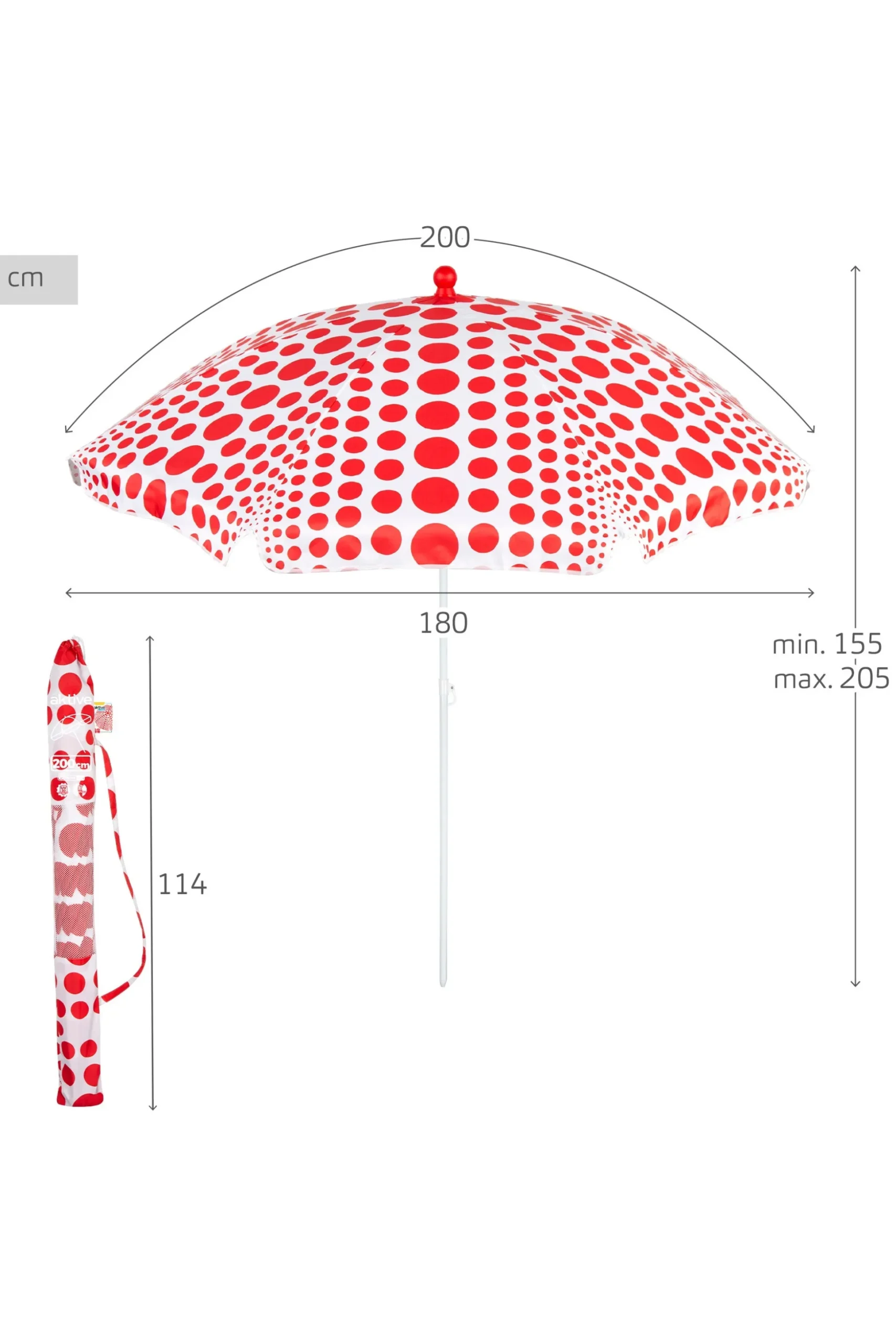 Aktive Sombrilla De Playa 8 Varillas 200 CM Inclinable Estampado Lunares Rojos
