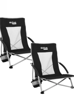 Pack 2 Sillas Plegables Camping Bajas Y Transpirables Negras C/posavasos Aktive