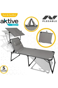 Pack 2 Tumbonas Plegables Playa Altura XL C/parasol Y Cojín Gris Aktive