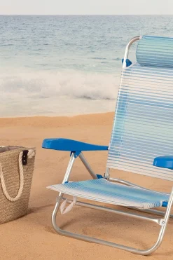 Silla De Playa Plegable Y Reclinable Aktive Con 7 Posiciones Rayas Azul C/cojín Y Asas Mano
