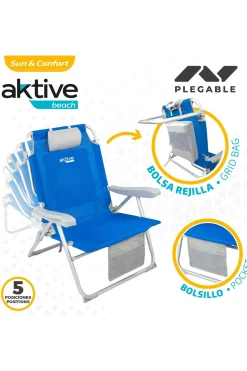 Silla Playa Mochila Ultristente 110 Kg C/ Cojín, Bolsa Y Bolsillo 55x66x86 CM Aktive