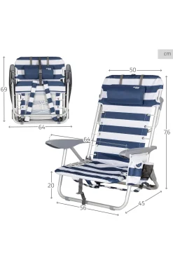 Silla Playa Plegable Baja Mochila 4 Posiciones Rayas C/cojín Y Bolsillo Aktive