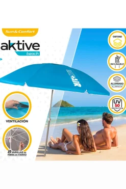 Sombrilla Playa Antiviento Ø220 CM C/mástil Reclinable Y Revestimiento Uv50 Aktive