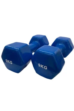 2 Unidades 9 Kg Mancuernas Pesas Hexagonales De Vinilo Fitness Gimnasia Azul